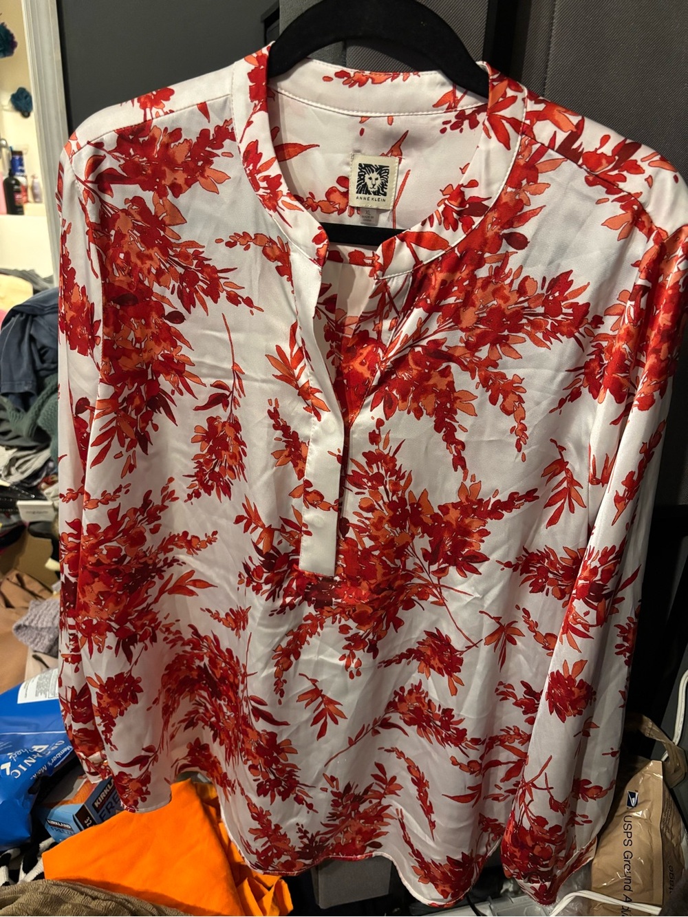 Anne Klein Floral Red & White Blouse XL
